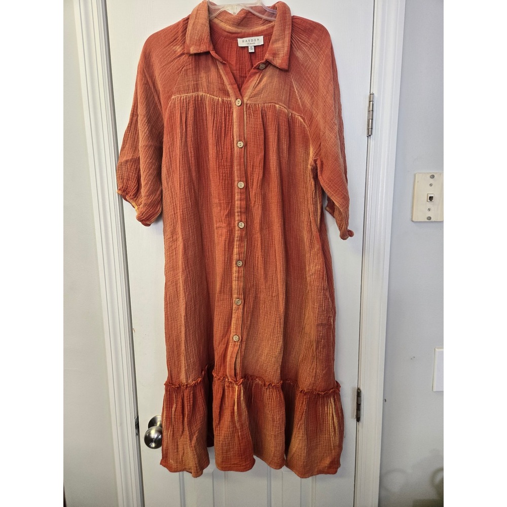 Hayden Los Angeles Terracotta Cotton Gauze Button Front Midi Dress M Pockets
